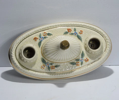 Vtg Art Deco Raised Floral Ceramic Porcelain Blue orange Flowers Light Fixture Cover