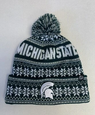 Michigan State Spartans Beanie Knit Hat Zephyr Green White Snowflakes Pom-pom - Image 1 of 4