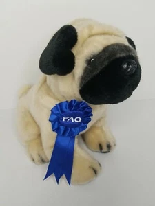 FAO Schwarz  Pug 8" Puppy Dog Plush Stuffed Animal Toy w Blue Ribbon Tan - Picture 1 of 9