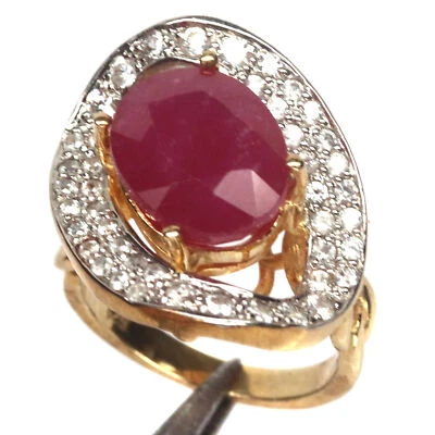 Heated 10 X 12 mm. Red Ruby & White Zircon Ring Silver 925 Sterling Size 6.75 - Image 1 of 4