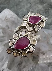 Sterling Silber 925 Polki Diamant natürliche Träne Rubin Wickelgröße 8 Ring Ag 24267 - Bild 1 von 8