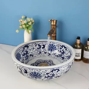 Fregadero de baño con flores lavabo de cerámica redondo azul antiguo juego de grifo de latón drenaje - Imagen 1 de 18
