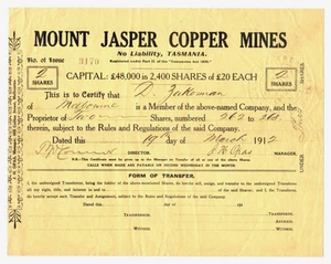 Share Scrip - Mining. 1912 Mount Jasper Copper Mines N/L, Tasmania - Imagen 1 de 1