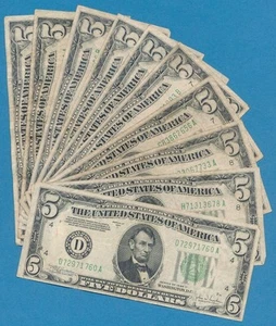 10-$5.00 1934 GREEN SEAL FRN AVERAGE CIRCULATED LOT - Picture 1 of 3