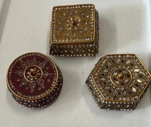 Lot Of 3 Gold Rhinestone Small Decorated Trinket Box Nice Set - Picture 1 of 4
