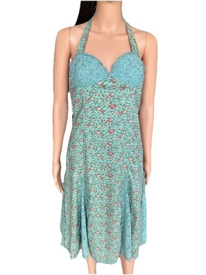 Betsey Johnson Floral Halter Dress Green Floral Cotton Lace Y2K Fairy Coquette  - Image 1 of 4