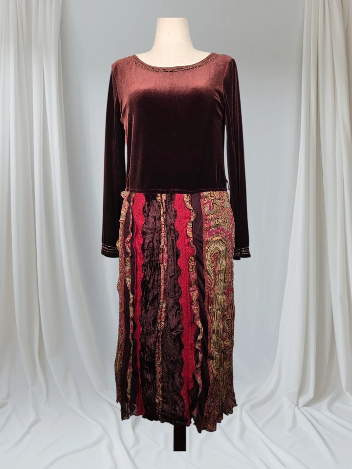 Antigo Vestido Feminino Y2K Bandolino 12 Marrom Veludo Paisley Frisado Cigano Whimsigoth - Imagem 1 de 4