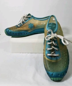 Vintage Retro 90s 00s Lower East Side Vinyl Glittery Blue Flower Shoes  - Picture 1 of 12