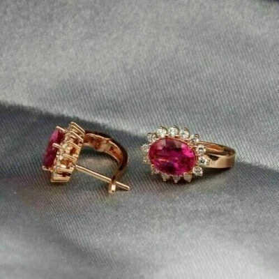 3Ct Lab Created Oval Ruby Diamond Drop/Dangle Earrings 14K Rose Gold Plated - Image 1 of 4