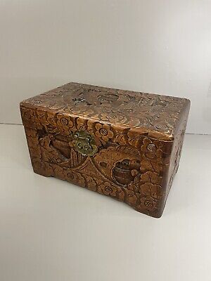 Antique Hand Carved Chinese Camphor Wood Small Jewellery Chest - Storage Box • 65£