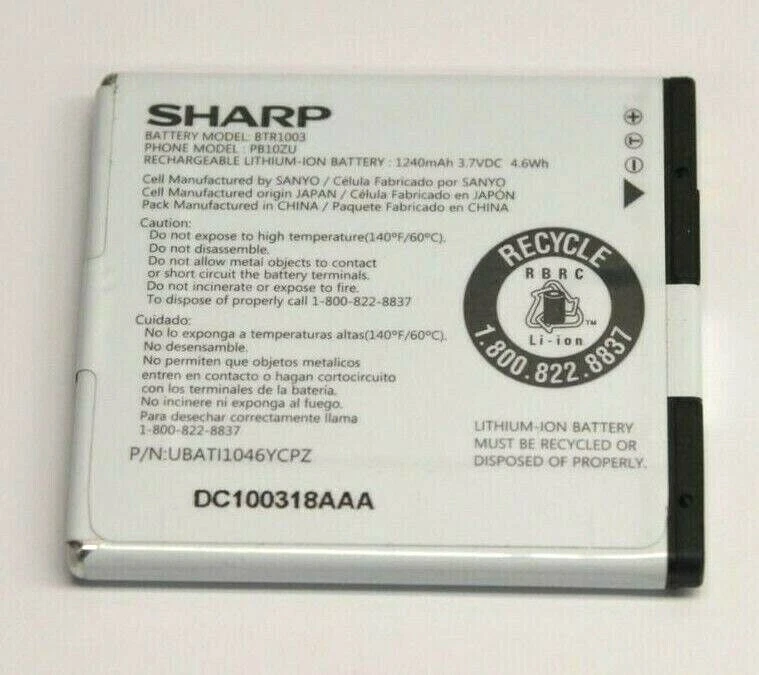 Sharp BTR1003 Li-Ion Cellphone Battery 1240mAh 3.7VDC 4.6Wh for Kin One PB10ZU - Image 1 of 1