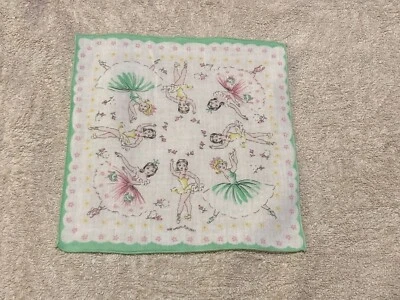 Pastel Ballerinas Pink Flower  Border Green Edge  Border Handkerchief As Is - Image 1 of 4