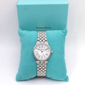 Tiffany Co Stainless Steel White Portfolio Roman Numeral Unisex Watch 33mm Case - Picture 1 of 14