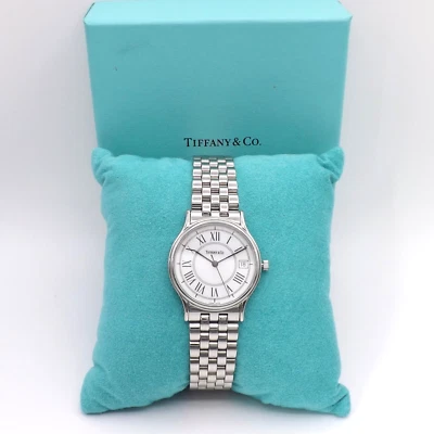 Tiffany Co Stainless Steel White Portfolio Roman Numeral Unisex Watch 33mm Case - Image 1 of 4