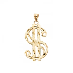 14K Solid Yellow Gold Dollar Sign Pendant - $ Money Dia Cut Necklace Charm Men - Picture 1 of 1