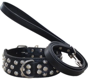 2" Wide Leather Studded Dog Collar Leash Set Heavy Duty Big Spiked Dog Collar - Picture 1 of 16