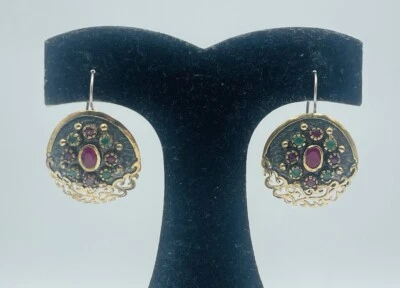 Bora Sterling Silver & Gold Accent Ruby Emerald & CZ Dangle Earrings - Image 1 of 4