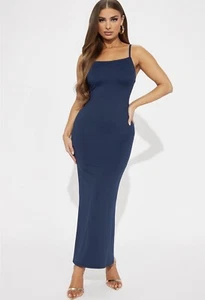 FASHION NOVA Women’s Navy Backless Ruched Spaghetti Straps Maxi Dress - Picture 1 of 3