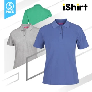 5PCX LADIES POLO SHIRT SHORT SLEEVE PLAIN COLOUR SIGNATURE 210GSM BASIC POLO TOP - Picture 1 of 16