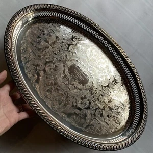 "BANDEJA GALERÍA OVALADA VINTAGE 18 1/2"" LONGITUD PLATEADA" - Imagen 1 de 22
