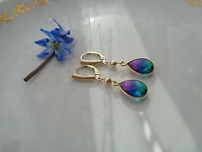 Gold Ohrringe mit Quarz-Tropfen, grün-blau-violett, außergewöhnlich - Bild 1 von 4