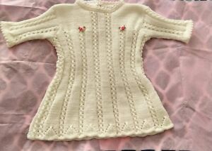 Hand Knitted Lace Baby Girl Dress, Cream Color.