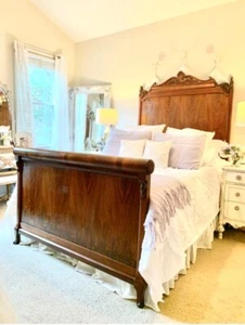 Antique Queen Size Burl Dark Wood Bed Frame - Picture 1 of 9
