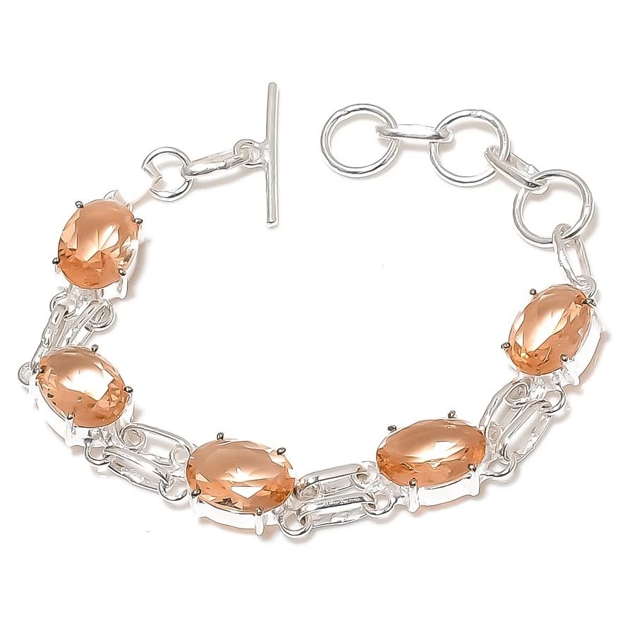 Brazalete Joyería Plata de Ley 925 Hecho a Mano Piedras Preciosas Morganita Melocotón Talla 7-8 Foto 1 de 1