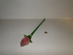 19 3/4" Long Stem Blown Glass Pink & White Closed  Bloom Flower With Green Stem - Picture 1 of 10