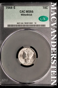 1944-S Mercury Dime - CAC MS66 WitterBrick - Scarce  No Reserve  #SLJ72 - Picture 1 of 2
