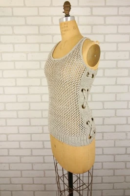 Guess Open Knit Crochet Tank Top Women XS Beige Side Lace Cami Racer Back Y2K - Image 1 of 4