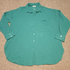 Eileen Fisher Shirt Womens Large Green Button Down Gauze Organic Cotton Pocket - Picture 1 of 12