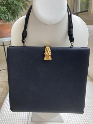 Bolso de Noche Cartera de Tela Negro Vintage Tono Dorado Borla Estrás Acento Foto 1 de 4