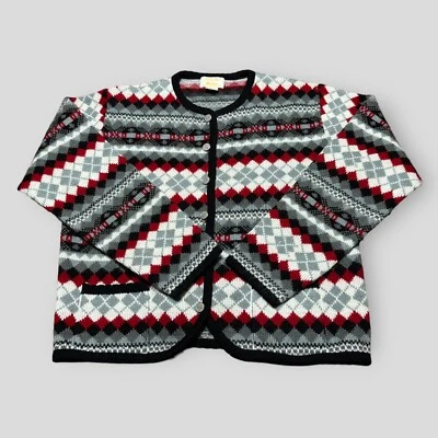 Tally Ho Cardigan Sweater Womens Small Argyle Acrylic Geometric Red Gray Vintage - Image 1 of 4