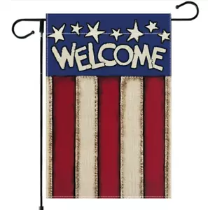 Welcome Rustic Patriotic Stars & Stripes July 4th Burlap Garden Flag 12x18in - Picture 1 of 3