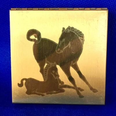 Vtg. Pilcher Gold Tone Combination Powder Compact / Cigarette Case   Horse Deco. - Image 1 of 4