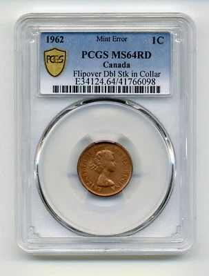 1962 Canada 1 Cent ERROR, Flip over Double Struck - PCGS Uncirculated MS64 RD - Image 1 of 3