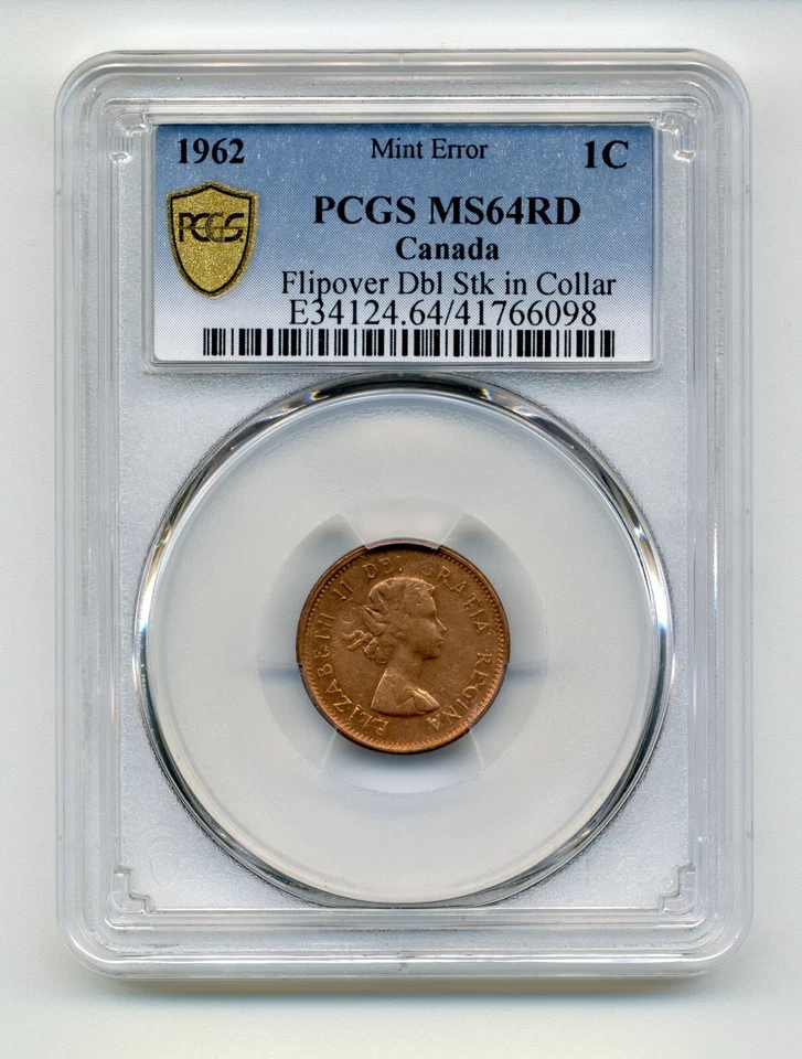 1962 Canada 1 Cent ERROR, Flip over Double Struck - PCGS Uncirculated MS64 RD - Image 1 of 3
