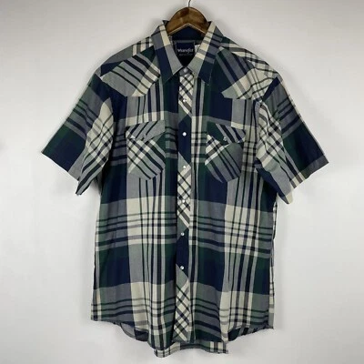 VTG Wrangler Western Shirt Mens XL Blue Button Up Cowboy Plaid Pearl Snap  - Image 1 of 4
