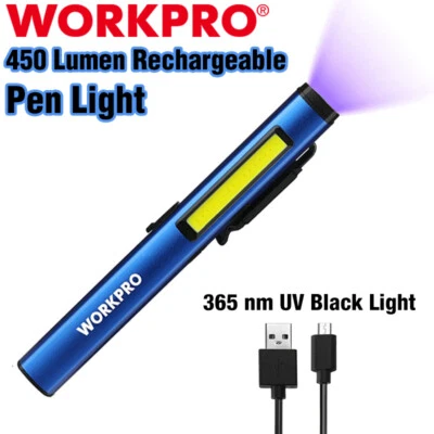 WORKPRO USB Rechargable LED Flashlight UV Black Light Pocket Pen Light 450 Lumen - Image 1 of 4