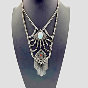 Vtg Boho Statement Necklace Blue & Red Accents Silvertone Chains Gypsy Goth 21" - Picture 1 of 7
