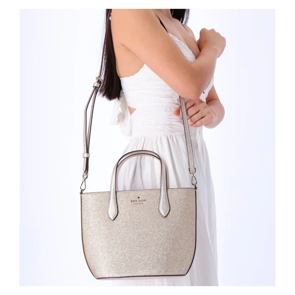 Kate Spade Glitter Glimmer Elegant Leather Zip Satchel Crossbody Bag Gold