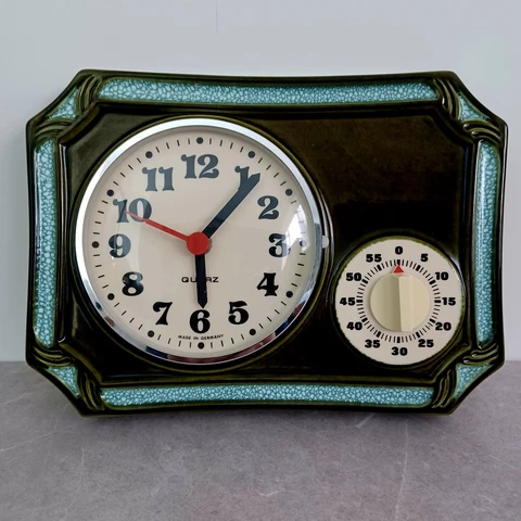 Kienzle Ceramic German Kitchen Clock And Egg Timer Dark Green Blue Vintage Retro Cover