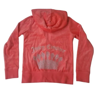Juicy Couture Girls hoodie sweater size 8 coral pop velour rhinestone pockets - Image 1 of 4