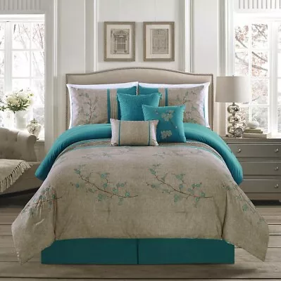 7-Piece Teal Pleated Striped Floral Cherry Blossom Embroidered Comforter Set - Image 1 of 4