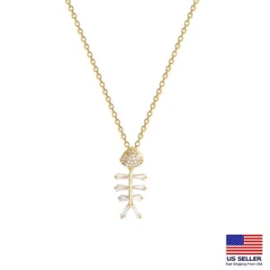 Women Stainless Steel Crystal Zirconia CZ Necklace 3D Fish Bone Pendant 1122 - Picture 1 of 3