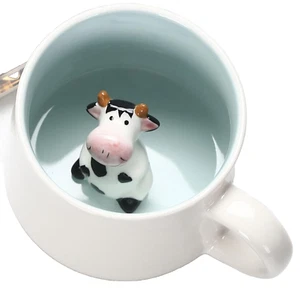 White Ceramic Mug With 3D Black White Cow In Blue Interior 12oz - Picture 1 of 5