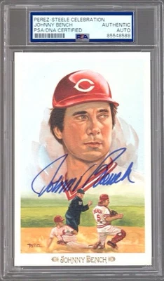 JOHNNY BENCH AUTOGRAPHED PEREZ STEELE CELEBRATION POSTCARD       JSA+PSA SLABBED - Image 1 of 2