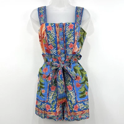 Farm Rio Romper Womens XS Stitched Garden Linen Hawaiian Cottagecore Boho Beads - Image 1 of 4