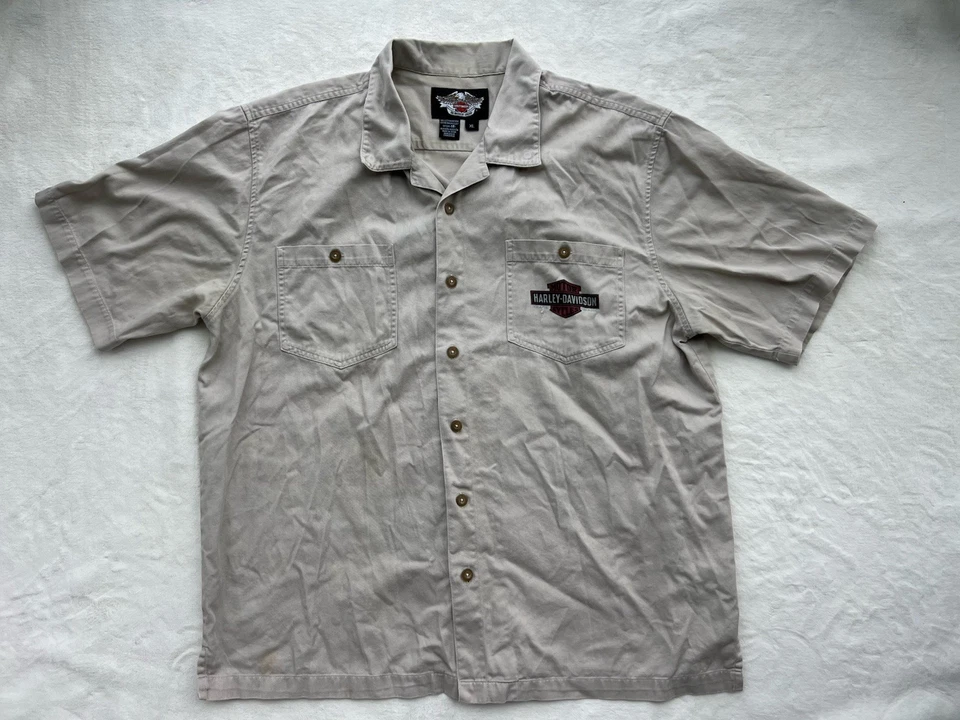 Camisa Harley Davidson Para Hombres Talla XL Manga Corta Abotonada Beige Milwaukee Oil Foto 1 de 4